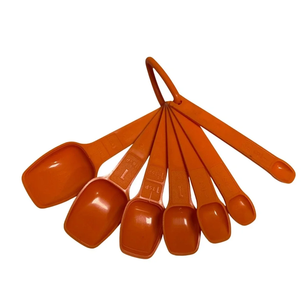 VTG Tupperware Measuring Spoons Orange Kitchen Baking Set Tools D-Ring 6pc Set